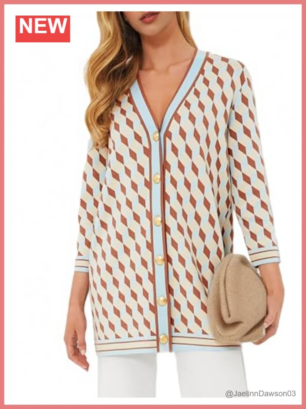 Kedera Argyle Cardigan Sweater Women 3/4 Sleeve Gold Button Loose Knit